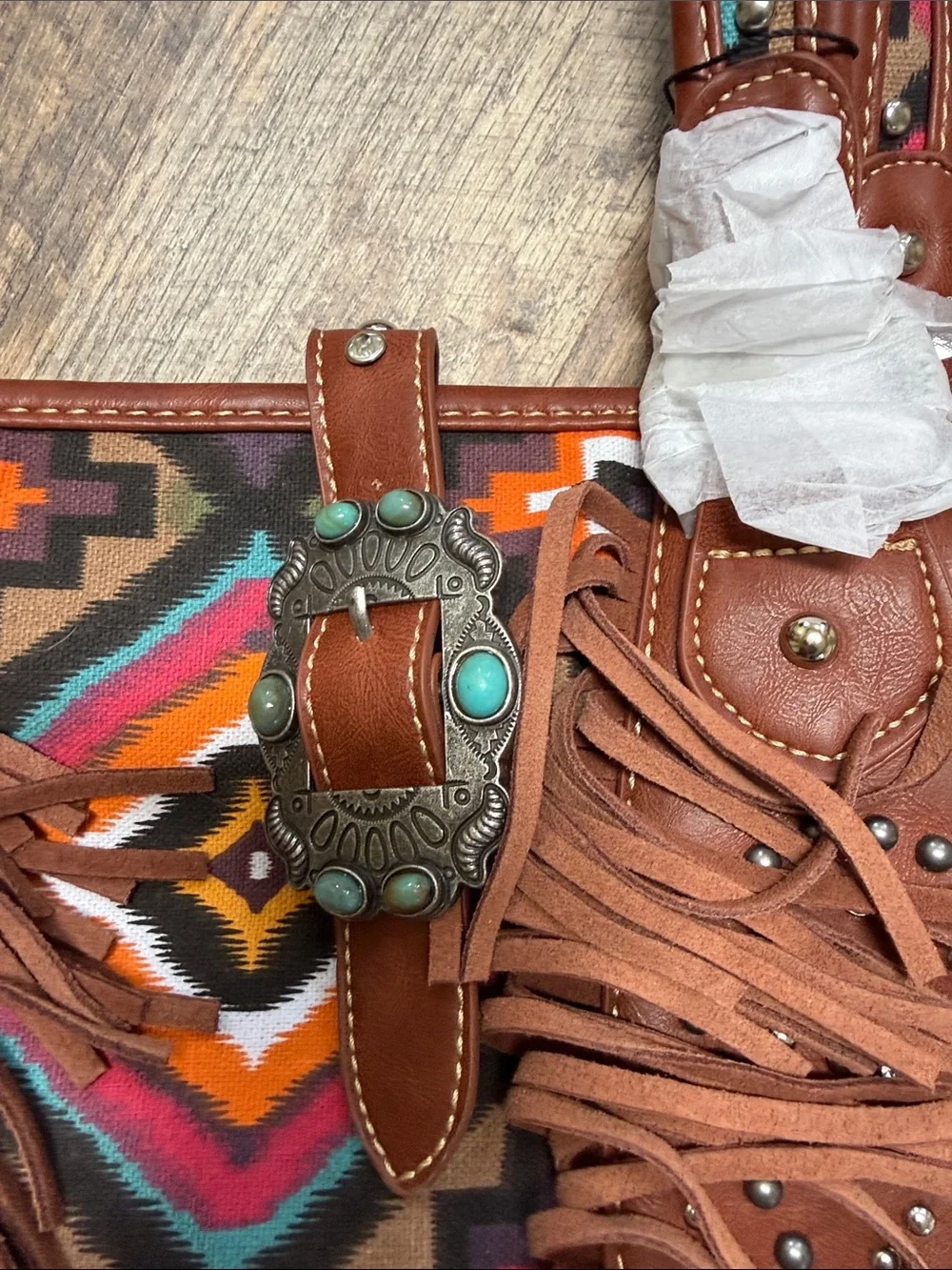 Montana West Brown Fringe Tote with Multicolor Aztec Pattern